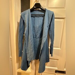 Cut-loose Blue Draped hooded Open Front Cardigan Linen Vacation beach